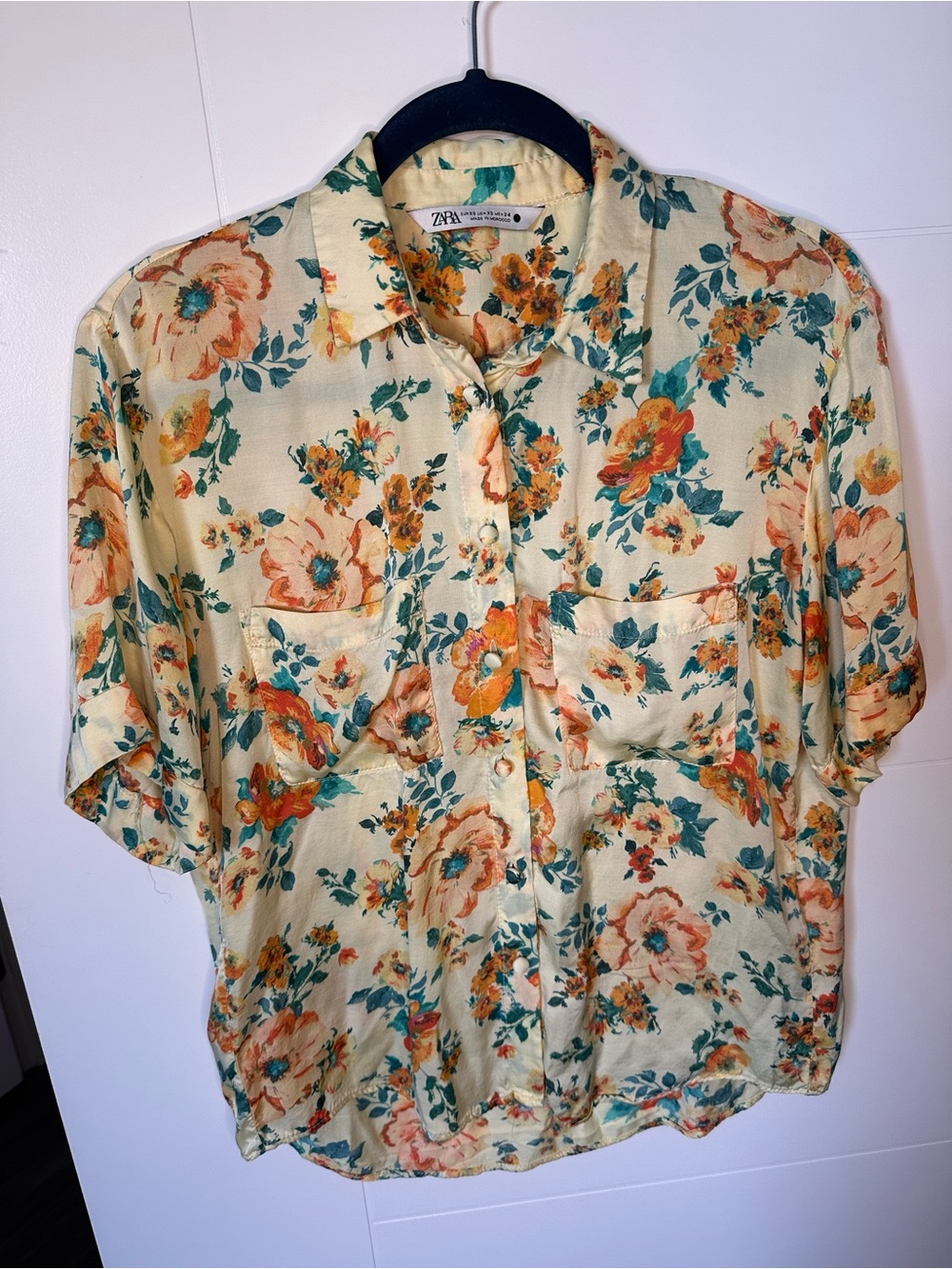 Zara Butter Yellow and Orange Floral Satin Shirt